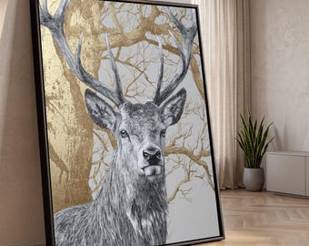 Majestic Stag Portrait Canvas, Deer Wall Art, Wildlife Illustration Canvas, Rustic Nature Decor, Woodland Animal Canvas, Ready to Hang