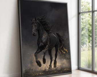 エレガントなブラックスタリオンキャンバス絵画 | 大胆で雄大な馬の