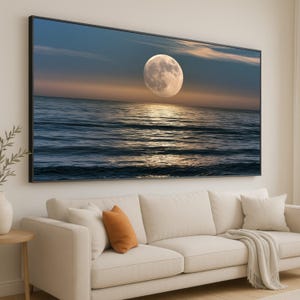 Full Moon Over Ocean Horizon Canvas, Moonlight Reflection Wall Art, Evening Seascape Canvas, Tranquil Nature Decor, Ready to Hang