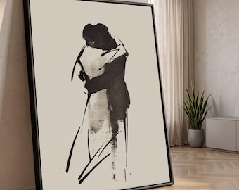 Romantic Embrace Silhouette Canvas, Abstract Couple Hug Wall Art, Minimalist Black and White Canvas, Modern Home Decor, Ready to Hang