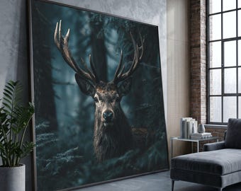 Majestic Deer Stag Portrait Canvas, Forest Animal Wall Art, Wildlife Nature Decor, Rustic Woodland Canvas, Ready to Hang Canvas Art