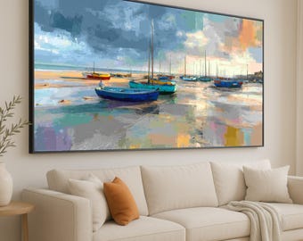 Colorful Fishing Boats Canvas Wall Art, Seaside Harbor Scene, Coastal Landscape Painting, Nautical Home Decor, Ready to Hang Canvas