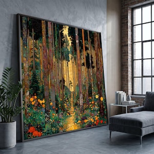 Tela "Sentiero nel bosco" di Gustav Klimt, arte murale con alberi floreali colorati, tela con paesaggio autunnale dorato, decorazione per la casa ispirata alla natura