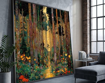 Canvas Gustav Klimt-bospad, kleurrijke bloemen bomen muurkunst, gouden herfst landschap canvas, op de natuur geïnspireerde woondecoratie