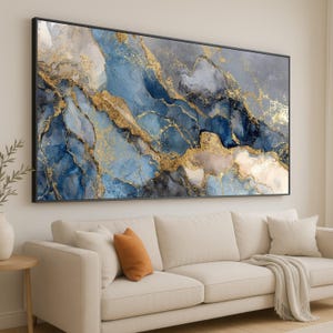 Abstract Blue and Gray Marble Canvas Wall Art, Gold Vein Design, Modern Luxury Home Decor, Ready to Hang Canvas Painting