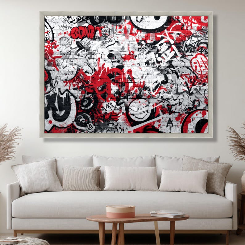 Urban Red and Black Graffiti Canvas Wall Art, Street Art Brick Wall ...