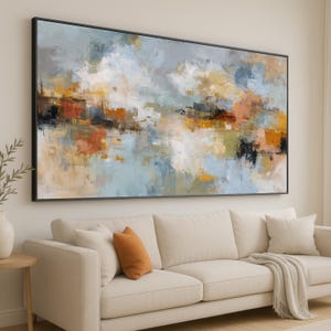Pintura abstrata moderna de paisagem, arte em tela colorida, decoração de parede contemporânea, tons neutros e quentes, arte de parede grande para sala de estar.