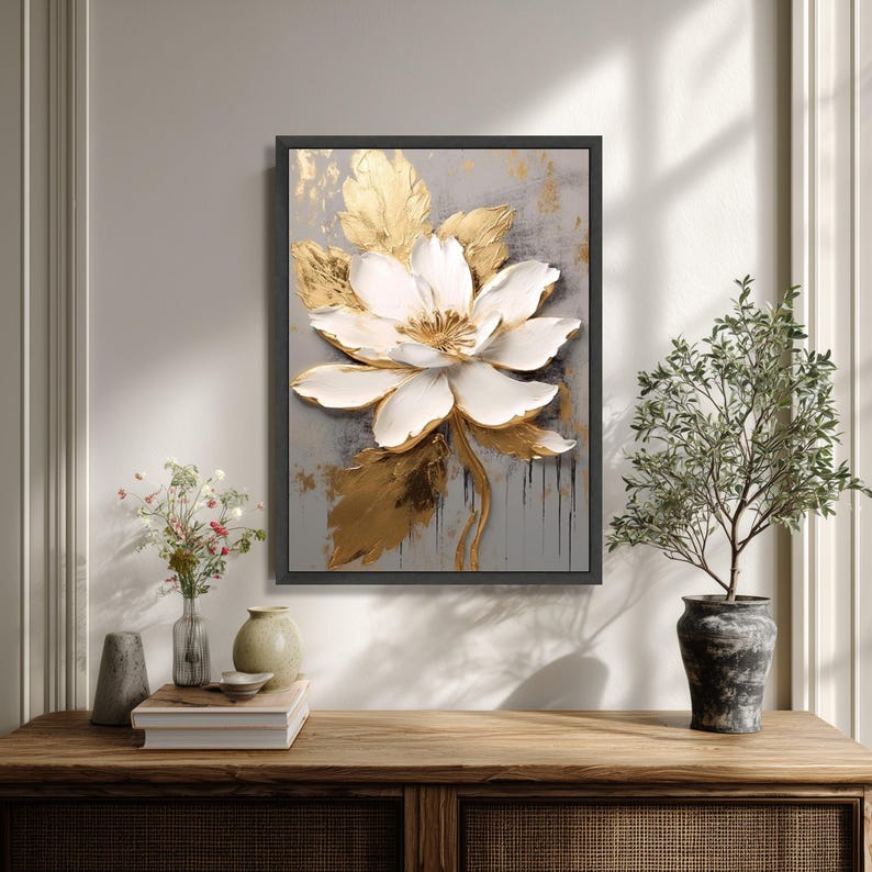 Elegant White and Gold Floral Canvas Wall Art, Luxury Flower Painting ...