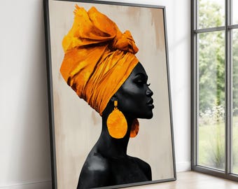 Elegant African Woman Profile Canvas, Vibrant Orange Headwrap Wall Art, Modern Portrait Painting, Ethnic Home Decor, Ready to Hang Canvas