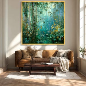 Mystieke bosstroom canvas, Gustav Klimt bloemen natuur kunst aan de muur, rustige bosrijke scène, klaar om op te hangen canvasdecoratie afbeelding 2