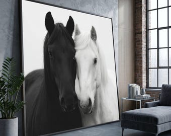 Quadro em tela com cavalos em preto e branco, retrato equino em tela, decoração para amantes de animais, arte de parede rústica para fazenda, impressão moderna em tela.