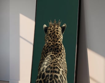 Regal Leopard with Crown Canvas Wall Art, Wildlife Animal Portrait, Luxury Decor, Modern Safari Room Decoration, Ready to Hang