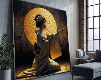 Elegant Geisha in Kimono with Traditional Umbrella Canvas, Japanese Woman Art, Asian Culture Wall Decor, Oriental Canvas Wall Art