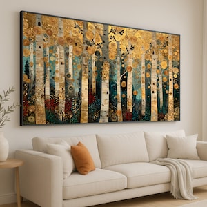 Canvas Gustav Klimt berken, bladgoud bos muurkunst, abstracte natuur elegante woondecoratie, klaar om op te hangen canvas