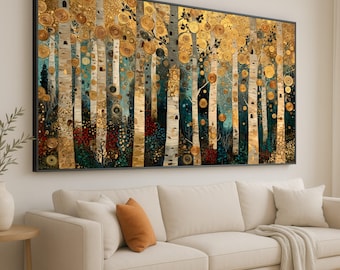 Gustav Klimt Birch Trees Canvas, Gold Leaf Forest Wall Art, Abstract Nature Elegant Home Decor, Ready to Hang Canvas