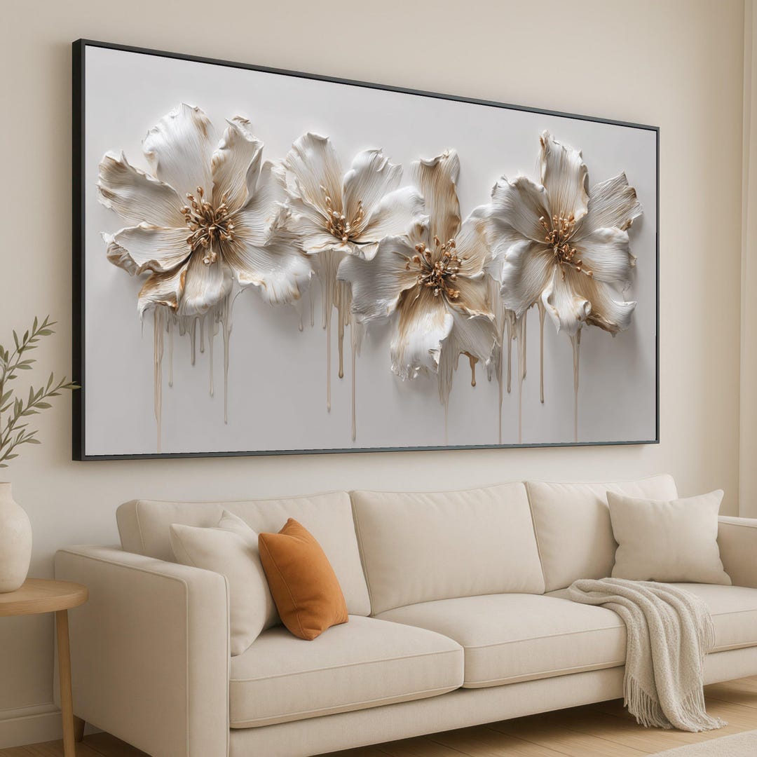Elegant White and Gold Floral Canvas, 3D Look Flower Wall Art, Modern ...