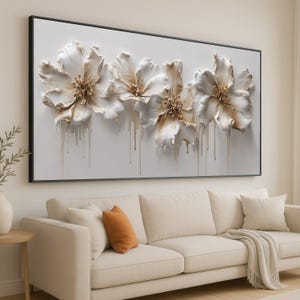 Elegant White and Gold Floral Canvas, 3D Look Flower Wall Art, Modern Home Decoration, Large Botanical Canvas, Contemporary Art Print