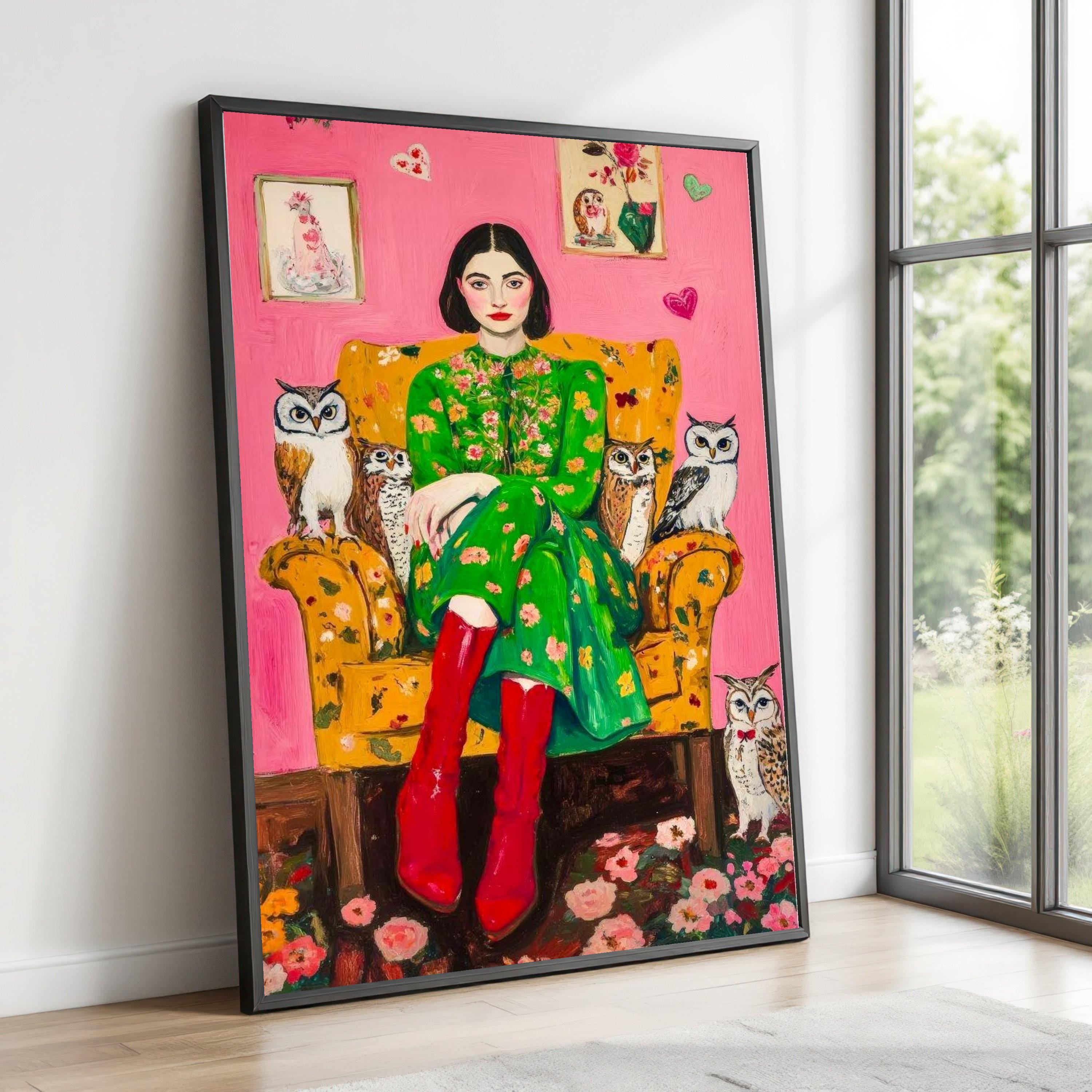 Elegant Woman in Green Floral Dress with Owls Canvas, Colorful Portrait Wall Art, Vibrant Home Decor