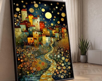 Canvas Gustav Klimt Nachtdorp, abstract stadsgezicht muurkunst, gouden maanverlicht pad, decoratief bloemendoek, moderne huisdecoratie