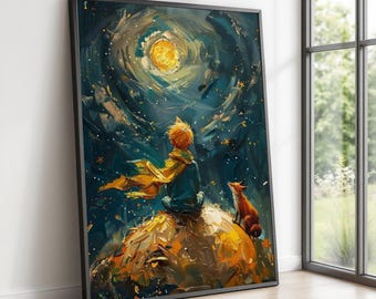 Little Prince and Fox Canvas, Starry Sky Art, Whimsical Illustration, Wall Art Canvas Design, Ready To Hang Decoration