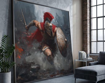 Spartan Warrior Charging Canvas, Ancient Soldier Wall Art, Red Cape Armor Painting, Historical Battle Scene Canvas Art, Dramatic Home Decor