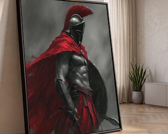Spartan Warrior Canvas Wall Art, Ancient Gladiator with Red Cape, Mighty Soldier Canvas, Mythical Hero Wall Decor, Battle Ready Canvas Print