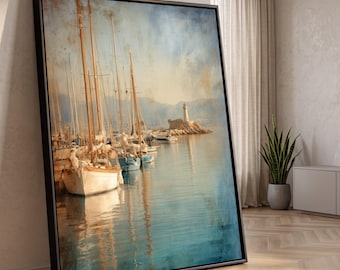 Vintage Hafenszene Leinwand, Segelboote am Dock Wandkunst, Leuchtturm Küstendekor, Nautische Meerlandschaft Leinwand, Ruhige Meeresansicht Druck