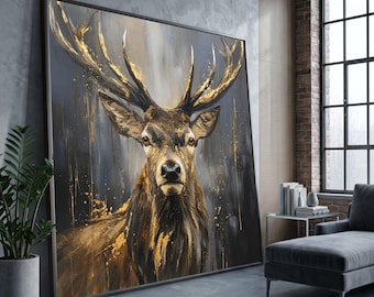 Majestic Stag Canvas Wall Art, Abstract Deer Portrait, Gold and Gray Rustic Decor, Wildlife Animal Canvas, Modern Nature Artwork