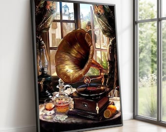 Cuadro de gramófono vintage en lienzo, decoración musical antigua, decoración retro para el hogar, pintura de tocadiscos clásico, arte interior nostálgico