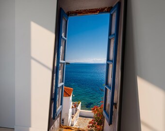 Mediterranean Seaside View, Open Blue Window Canvas, Coastal Wall Art, White Villa by Sea, Summer Landscape Canvas, Home Decoration