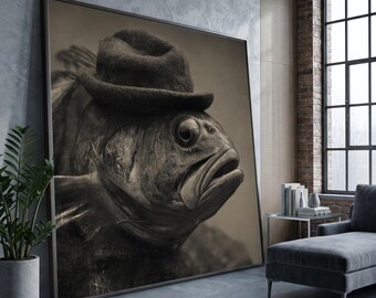 Vintage Style Fish Portrait Canvas, Funny Fish with Hat Wall Art, Sepia Tone Animal Canvas, Unique Home Decoration, Whimsical Canvas Print