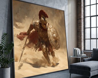 Fierce Ancient Spartan Warrior Canvas, Gladiator Armor Wall Art, Historical Battle Scene, Heroic Action Painting, Ready to Hang Home Decor
