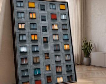 Urban Apartment Windows Canvas Wall Art, Industrial Building Facade, Modern Architecture Print, City Living Decor, Contemporary Home Wall