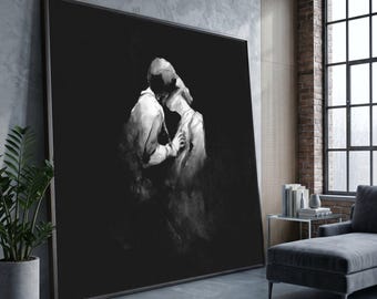 Cuadro decorativo de lienzo «Abrazo romántico», pintura de pareja en blanco y negro, escena de amor íntima, arte abstracto monocromático, decoración moderna para el hogar.