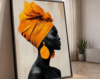 Elegant African Woman Profile Canvas, Vibrant Orange Headwrap Wall Art, Modern Portrait Painting, Ethnic Home Decor, Ready to Hang Canvas