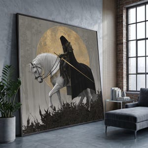 Dark Knight on White Horse Canvas, Gothic Fantasy Wall Art, Medieval Armor Decoration, Golden Halo Background, Mystical Forest Canvas