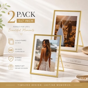 Gold Floating Picture Frames (Pack of 2, 5x7 inch) Wedding Tabletop Display, Sign Holder