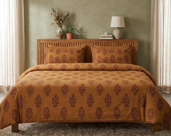 Rust Brown Block Print Duvet Cover, Cotton Bedding, Boho King Size Bedspread, Home Decor