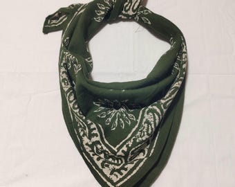 Hand Block Print Green Cotton Bandana | Boho Floral Mandala Scarf | Handmade Indian Head Wrap | Ethnic Square Scarf