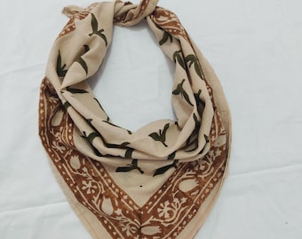 Handmade Beige Floral Cotton Bandana | Boho Unisex Scarf