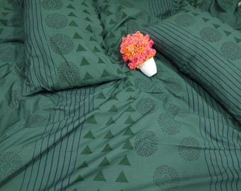 3 Pcs Dark Green Duvet Cover, Geometric Floral Print Bedding, Soft Cotton Home Decor
