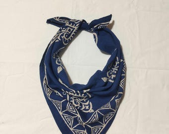 Hand Block Print Cotton Bandana | Blue Geometric Scarf, Indian Head Wrap
