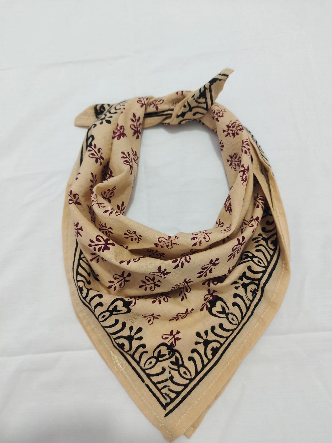 Hand Block Print Beige Cotton Bandana | Boho Ethnic Head Wrap
