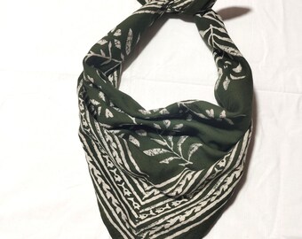 Hand Block Printed Cotton Bandana | Green Floral Head Wrap