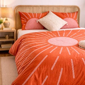 Boho Orange Sunburst Duvet Cover Set with Matching Pillow Covers | Modern Bedroom Bedding
