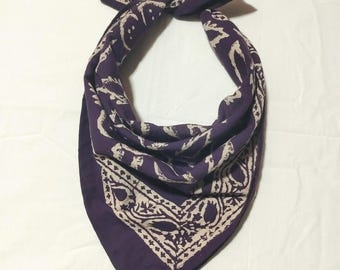Hand Block Printed Cotton Bandana | Purple Floral Scarf, Boho Style