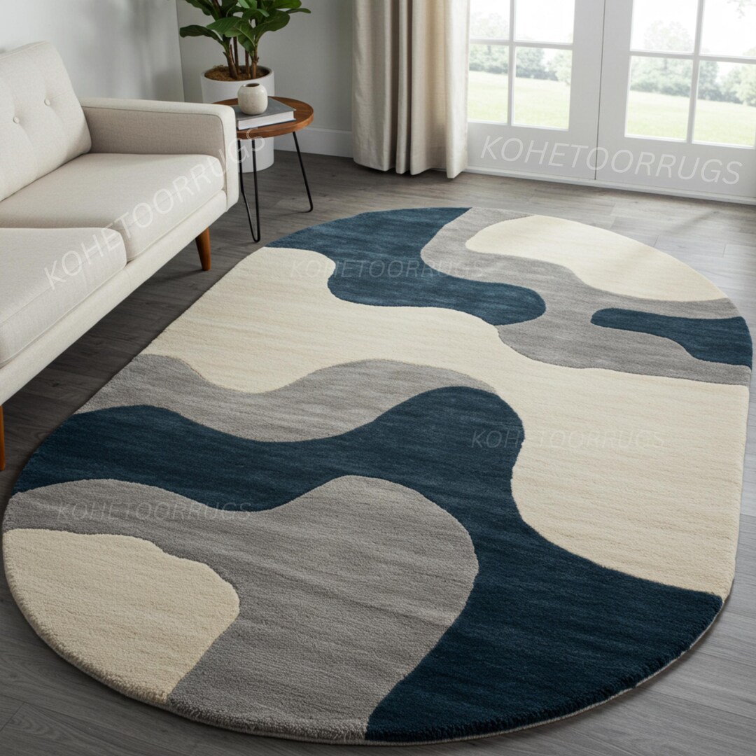 Luxury Modern Abstract Blue Beige Grey Hand Tufted Wool Rug 8x10 ...
