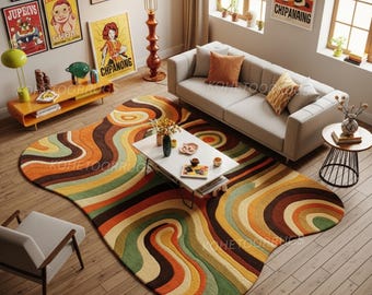 Alfombra de lana tejida a mano con diseño psicodélico, alfombra irregular ondulada verde, alfombra retro de los años 70 con remolinos, decoración naranja original, alfombra tipo charco de mediados de siglo.