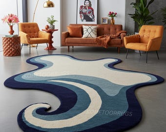 Hand Tufted Wool Rug Irregular Shaped Sculptural Area Rug, Organic Modern Abstract Carpet for Living Room, Bespoke Wavy Minimalist Floor Art