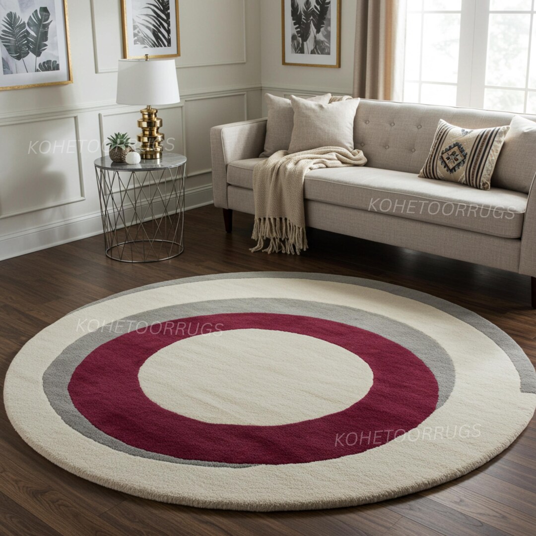Bold Geometric Circle Rug in Maroon 3x3 Mid-century Modern Round Area ...